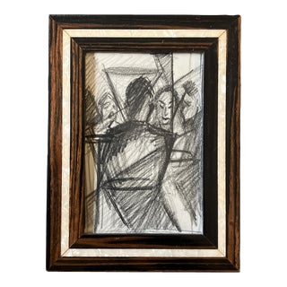 1970’s Original Cubist Abstract Charcoal Drawing Inlaid Mother of Pearl/Wood Tabletop Frame For Sale
