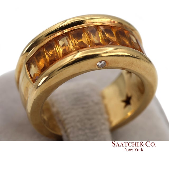 18k(750) Solid Yellow Gold Natural Diamond and Citrine Wide Band Ring, Size 7 For Sale - Image 10 of 13