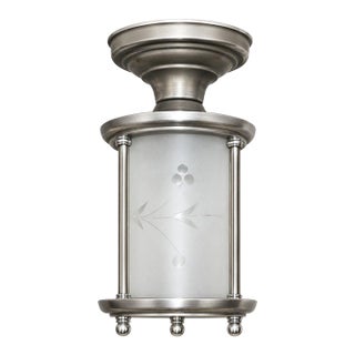 Vintage Art Deco Nickel Ceiling Light Frosted Glass Shade Floral For Sale