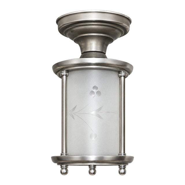 Vintage Art Deco Nickel Ceiling Light Frosted Glass Shade Floral For Sale