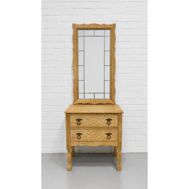 1970s Mid Century Modern Oak Entryway / Hall Cabinet + Mirror Set Attributed to Henning Kjaernulf For Sale - Image 5 of 13