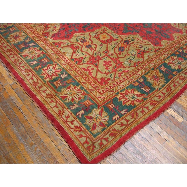 1930s Red-Green Medallion Antique Turkish Oushak Rug 12' X 23' Handknotted Wool Carpet For Sale In New York - Image 6 of 7