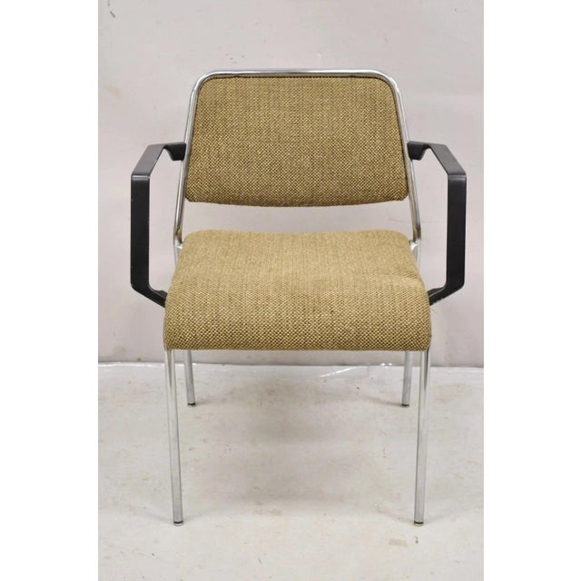 Vintage Sculpted Chrome Frame Post Mid Century Modern Office Arm Chair. Item features black painted metal armrests, sleek...