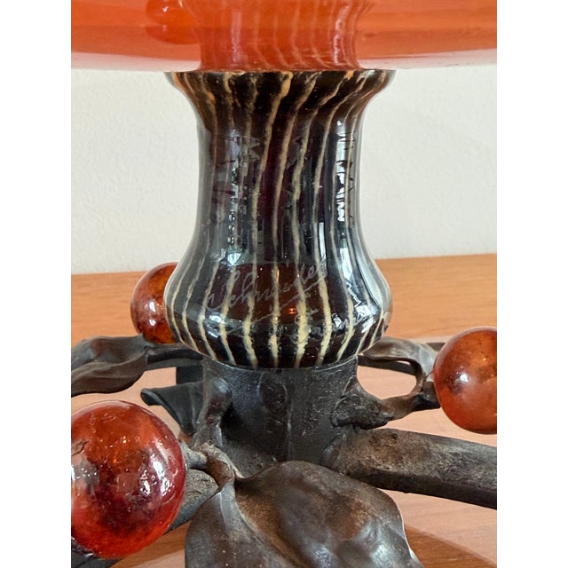 Early 20th Century Signed Charles Schneider French Art Deco Tangerine Mottled Glass & Wrought Iron Centerpiece Bowl, France, Circa 1925 For Sale - Image 5 of 10