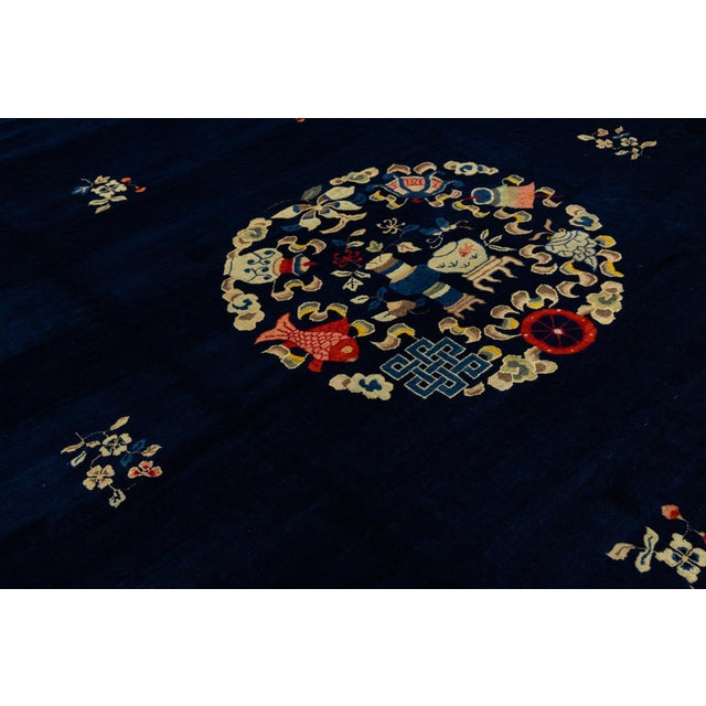 1920s Antique Chinese Art Deco Rug in Deep Blue With Medallion & Botanical Motifs For Sale - Image 5 of 13