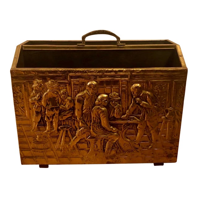 Vintage English Traditional Brass Repoussé Magazine Rack For Sale