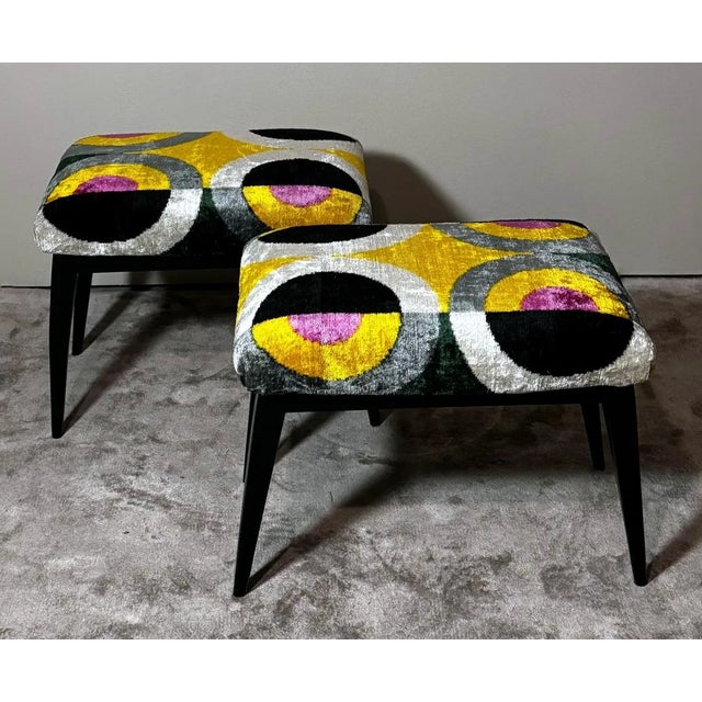 1950s Mid Century Pair of Italian Wood and Silk Velvet Ikat Benches For Sale - Image 4 of 12