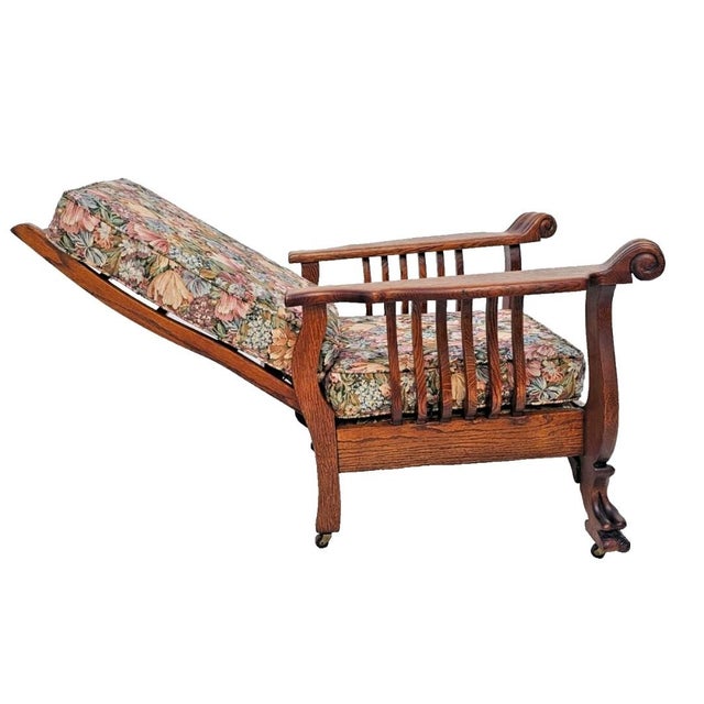 Wood Antique Arts & Crafts Tiger Oak Morris Recliner Chair With Push Button Mechanism c.1900 For Sale - Image 7 of 18