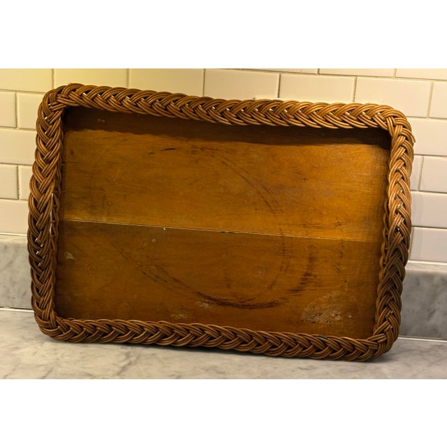 Mid-Century Modern 1960s Mid Century Modern Woven Rattan and Solid Wood Serving Tray For Sale - Image 3 of 4