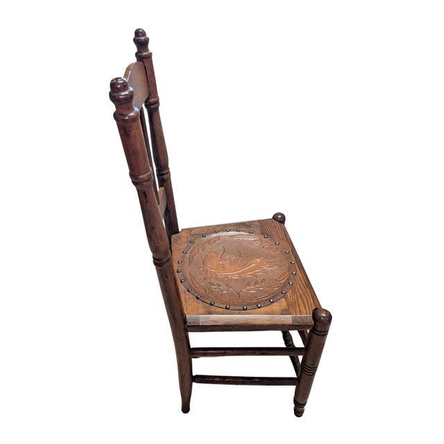 Early 20th Century Oak Spindle Back Side Chair With Embossed Heraldic Medallion Seat For Sale - Image 14 of 17
