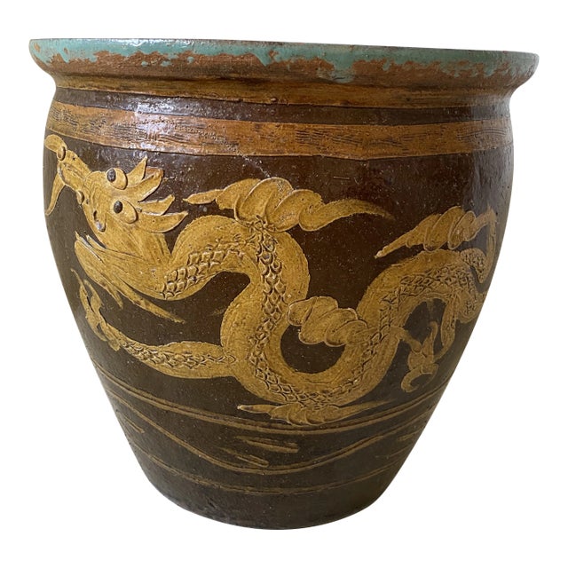Vintage 1960s Very Large Tony Duquette Style Asian Brown Dragon Egg Pot For Sale