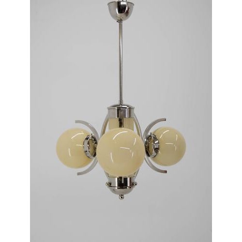 Metal Art Deco Chandelier in Glass and Nickel, Europe, 1930s For Sale - Image 7 of 13