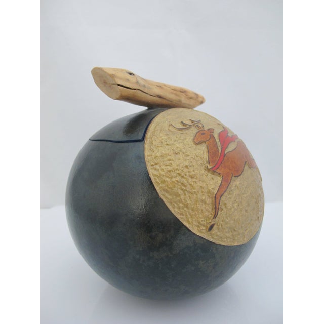 R Hess Hand Carved Folk Art Gourd With Prancing Deer Branch Handle Box For Sale - Image 4 of 9