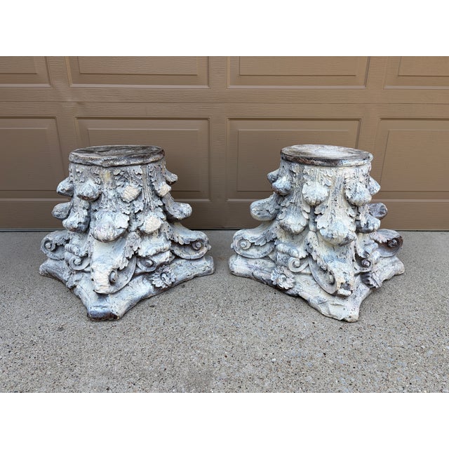 Late 20th Century Pair of Weathered Cast Concrete Corinthian Capital Garden Stands For Sale - Image 12 of 14