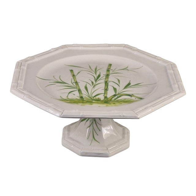 Green Vintage Ceramic Hand Painted Bamboo Pattern Made in Italy Pedestal Cake Stand For Sale - Image 8 of 8