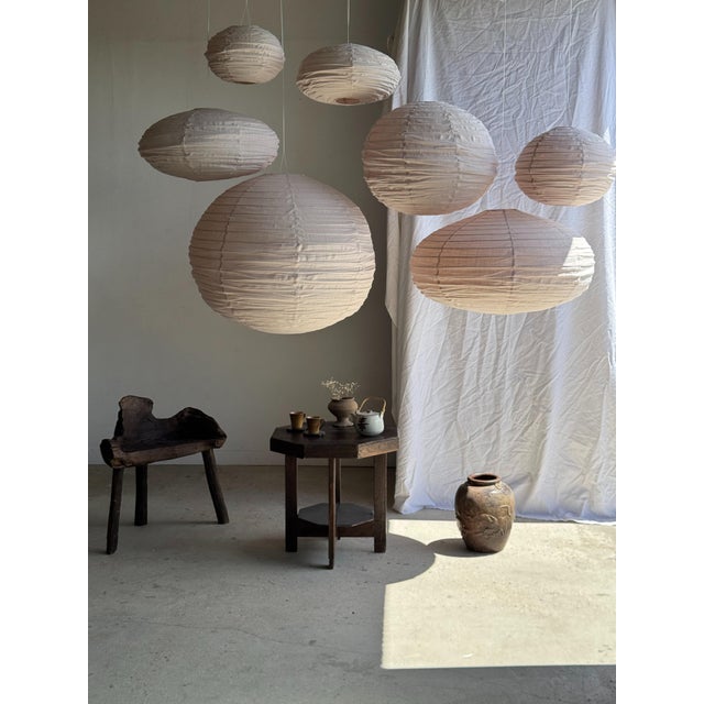 Japanese-Style Round Pink Rattan and Natural Linen Pendant Light For Sale - Image 4 of 18