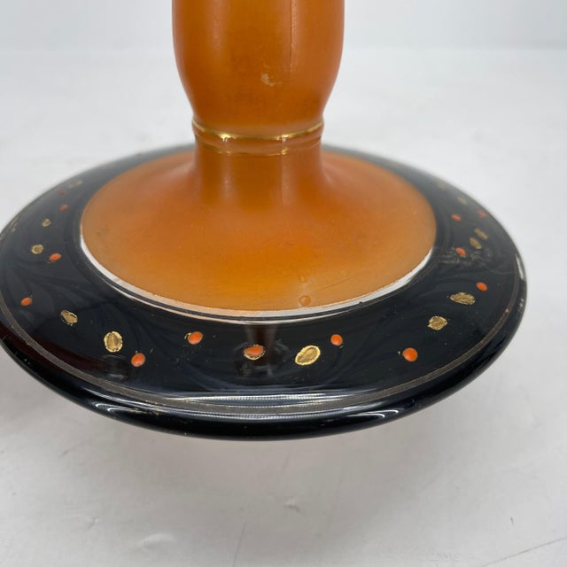 1930s Charles Schneider Style Art Deco Pressed Orange Glass Candlesticks - A Pair For Sale - Image 11 of 12