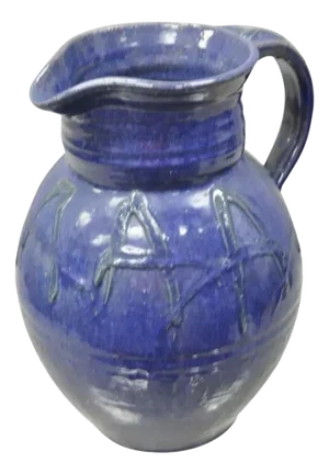 Mid 19th Century American Primitive Stoneware Blue Glazed Ceramic Pottery Terracotta Jug