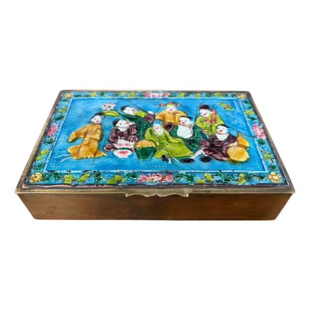 Vintage Chinoiserie Enamel Repousse on Brass Hinged Chinese Box For Sale