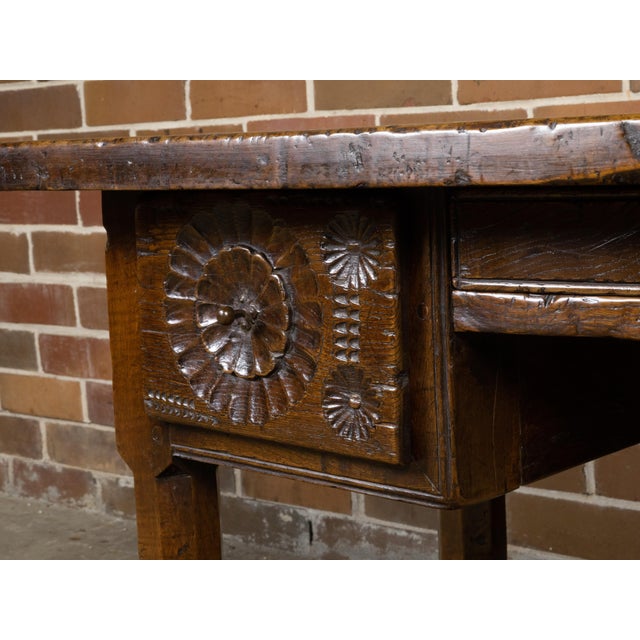 French French 1800s Walnut Desk with Three Drawers, Carved Floral Motifs and Patina For Sale - Image 3 of 12