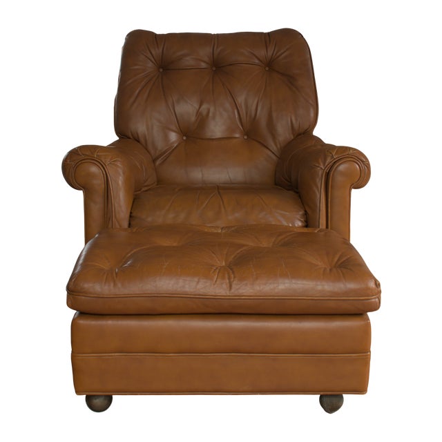 Mid-Century Modern 1970s "Classic Leather" Top Grain Tufted Chair & Ottoman With Brass Casters, Made in Usa For Sale - Image 3 of 9