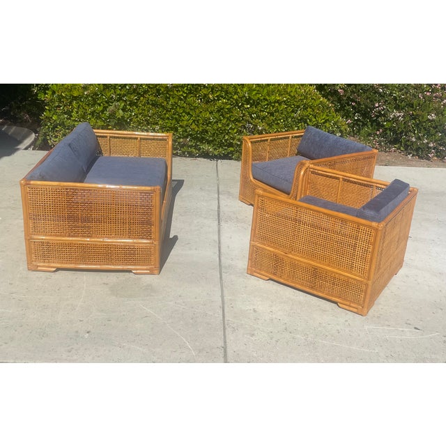 Vintage Rattan Sofa & Lounge Chairs, New Perennials Upholstery For Sale - Image 4 of 9