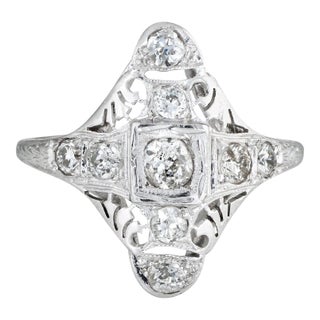 Early 20th Century Antique Deco Diamond Ring 18 Karat Gold Filigree Long Shield Dinner size 7.5 For Sale