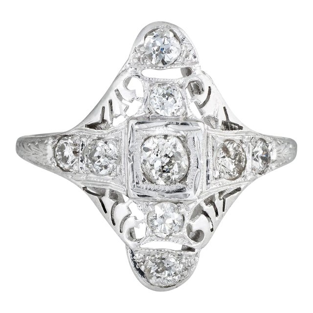 Early 20th Century Antique Deco Diamond Ring 18 Karat Gold Filigree Long Shield Dinner size 7.5 For Sale