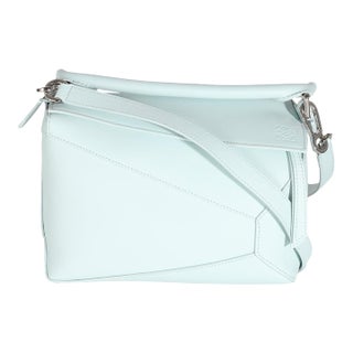 Light Blue Grained Calfskin Small Puzzle Edge Bag For Sale