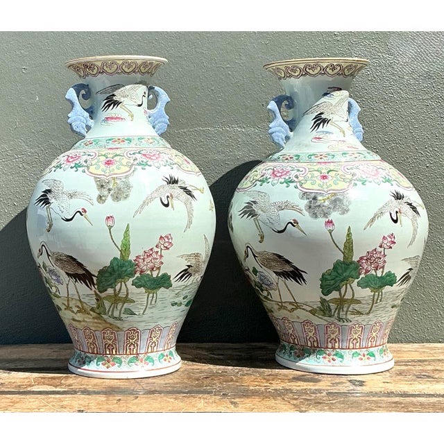 Vintage Asian Hand Painted Crane Urns - A Pair For Sale - Image 10 of 12