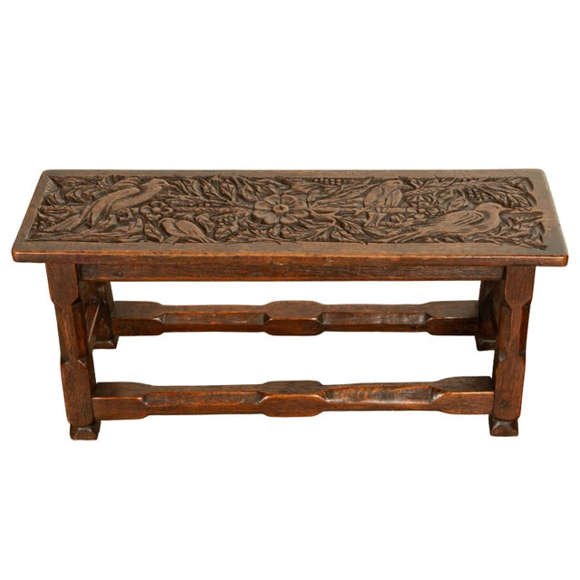 Wood Antique English Carved Oak Arts & Crafts Hall Bench Seat 'Birds in a Tree' 1900 For Sale - Image 7 of 14