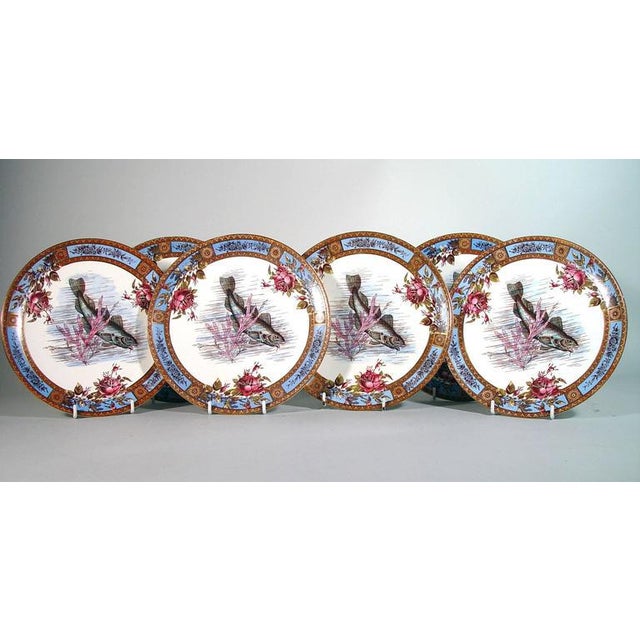 Aquatic Elegance: Victorian Fish Plates by Wood & Hulme Object: Set of Six Earthenware Dessert Plates (Fish Service)...
