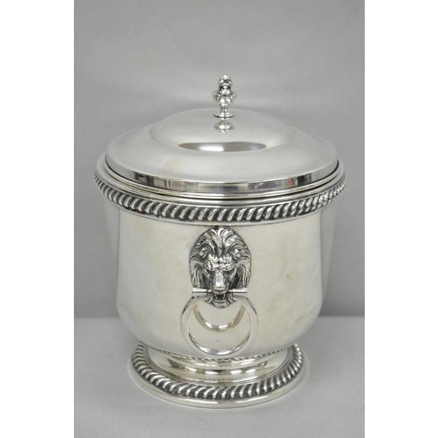 Antique English Regency Lion Head Silver Plated Covered Bar Ice Bucket with Glass Lining and Ice Tongs. Circa Early 20th...