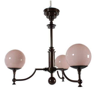 Danish Art Deco 3-Armed Chandelier in Patinated Brass with Light Rose Glass Shades from Lyfa, 1930s For Sale