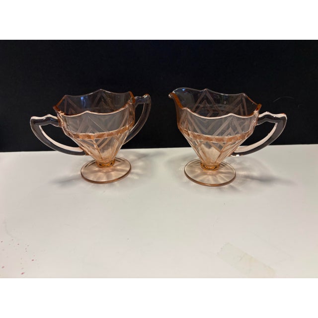 Art Deco Pink Etched Glass Cream and Sugar Set, Cambridge Style, C. 1930s - a Pair For Sale In Indianapolis - Image 6 of 10