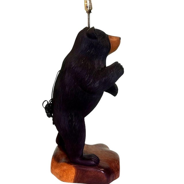 American Late 20th Century Rare Rustic Carved Wooden Standing Bear Lamp With Intricate Details For Sale - Image 3 of 15