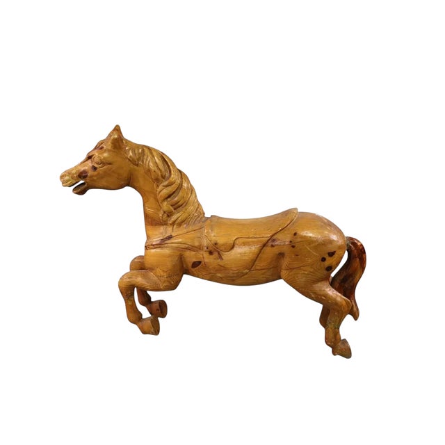 Antique Carved Raw Wood Carousel Horse Mounted on Metal Stand For Sale - Image 4 of 6