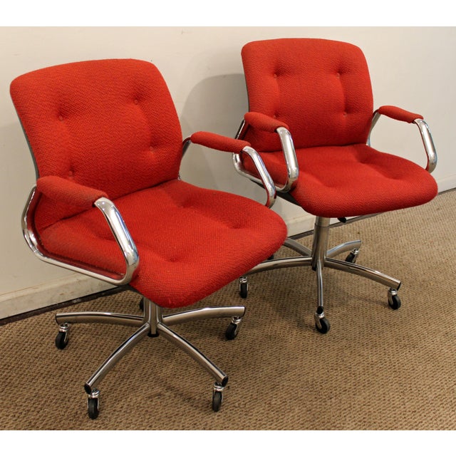 Mid-Century Danish Modern Red Chrome Steelcase Office Chairs on Wheels - a Pair | Chairish