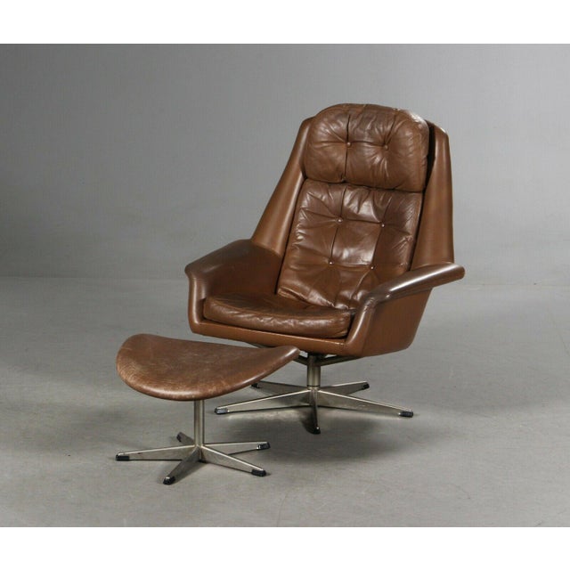 Animal Skin Vintage Danish Cognac Leather Lounge Chair & Stool by H. W. Klein For Sale - Image 7 of 7