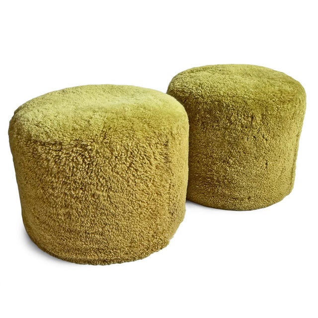 Eclectic Honey Lime Shearling Wool Pouf For Sale - Image 4 of 5