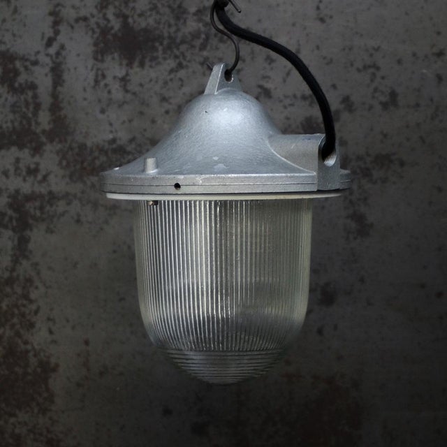 Mid-20th Century Gray Cast Aluminum Pendant Lamp with Striped Glass For Sale - Image 5 of 7