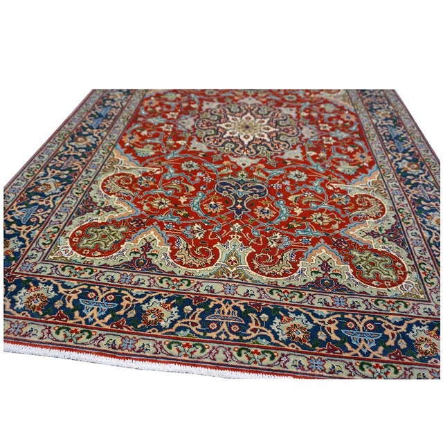 Antique Persian Tabriz 3x4 Red & Navy Handmade Area Rug #1143878 For Sale - Image 10 of 12