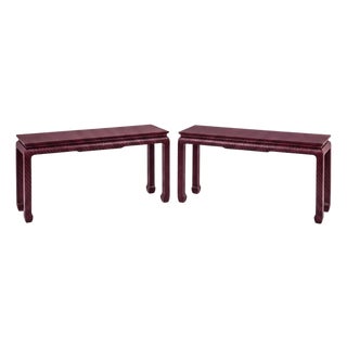 Asian Modern Grasscloth Wrapped Ming Style Console Tables Att. Baker Furn. - Pair For Sale