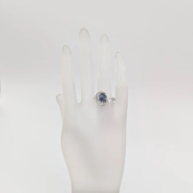 Contemporary Blue Sapphire Oval Cabochon and White Diamond Ring in Platinum, size 7.25 For Sale - Image 3 of 7