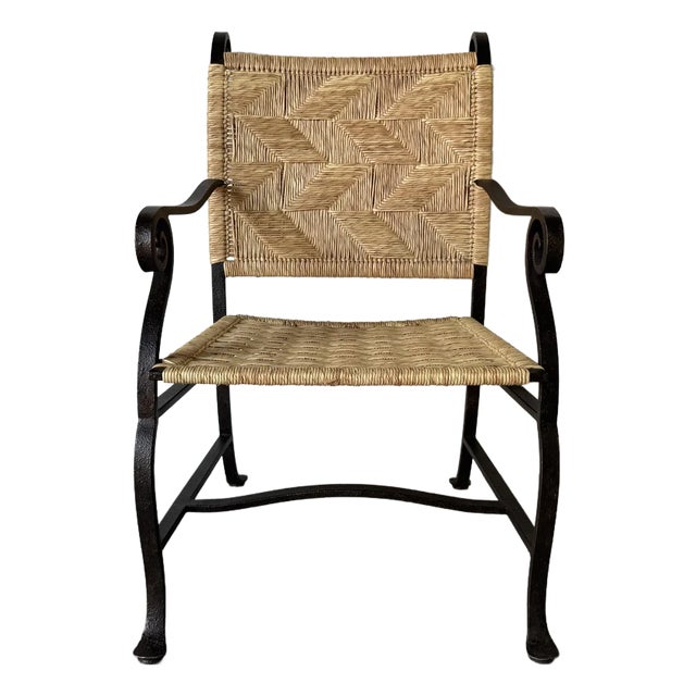 1990s Organic Modern Hand-Wrought Iron and Woven Raffia Armchair For Sale