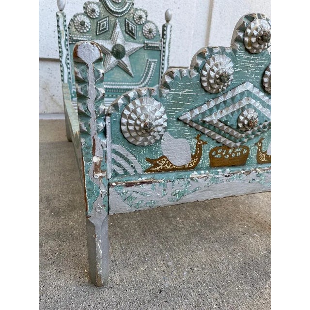 Tramp Art Folk Art Dog Bed With Silver And Blue Paint For Sale - Image 11 of 12