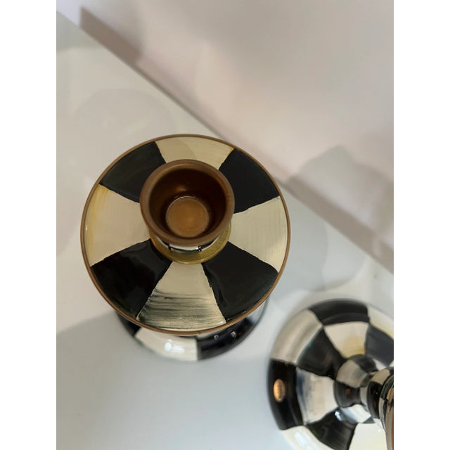 American Mackenzie Childs ~ Courtly Check ~ Small 8" Enamel Candlestick Holders a Pair For Sale - Image 3 of 7