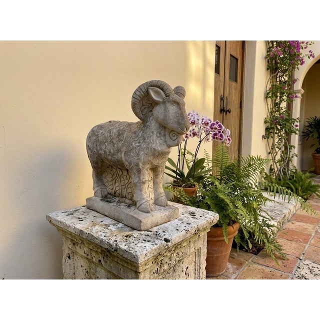 Vintage Stylized Cast Stone Ram Garden Statue With Swirl Relief Detail For Sale - Image 11 of 12