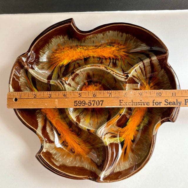1960s Mid-Century Modern California Pottery Orange & Brown Drip Glaze Divided Serving Dish For Sale - Image 9 of 9