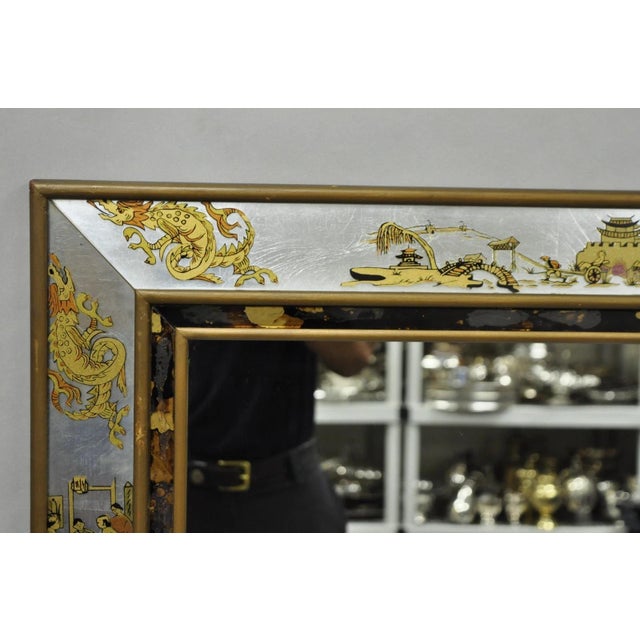 Chinoiserie Vintage Chinoiserie Figural Eglomise Reverse Painted Oriental Wall Mirror For Sale - Image 3 of 18